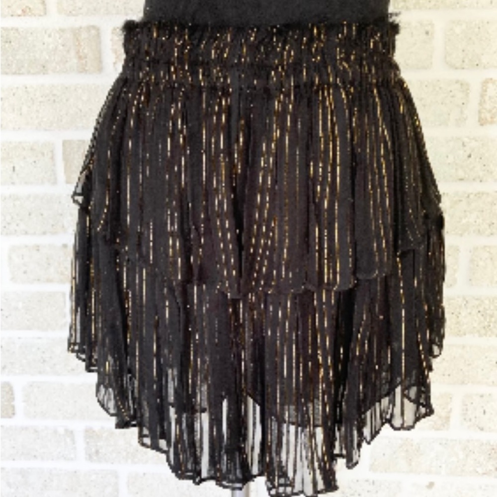 NWOT-Loveshackfancy Black and Gold Mini Skirt Size XS Ballet Ruffle Twill